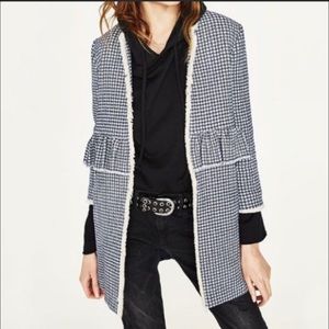 ZARA NAVY BLUE  TWEED  RUFFLE OVERCOAT JACKET